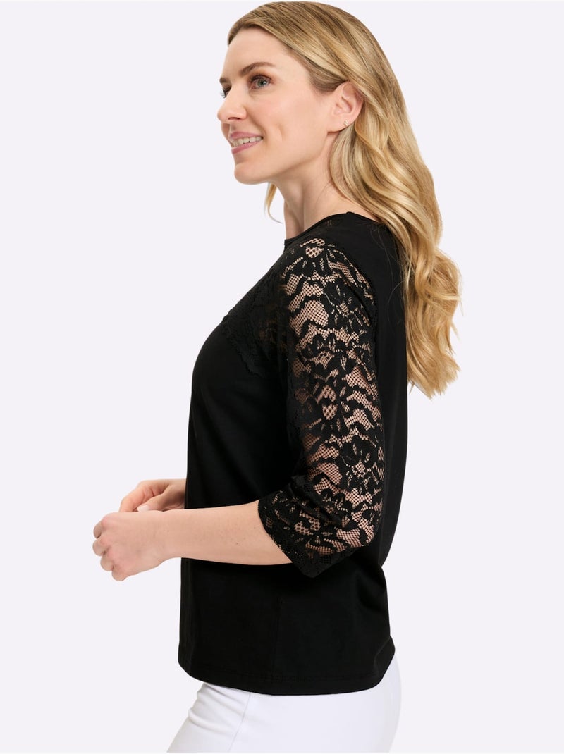 T-shirt à manches 3/4 dentelle raffinée - taille standard - moda vilona Noir - Kiabi