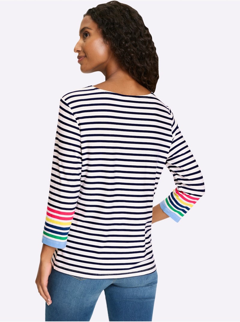 T-shirt à Manches 3/4 Détails Contrastés - Taille Standard - Helline Bleu Ecru - Kiabi