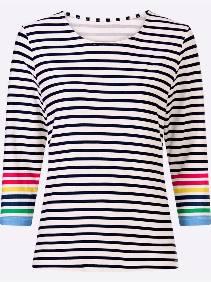 T-shirt à Manches 3/4 Détails Contrastés - Taille Standard - Helline Bleu Ecru - Kiabi