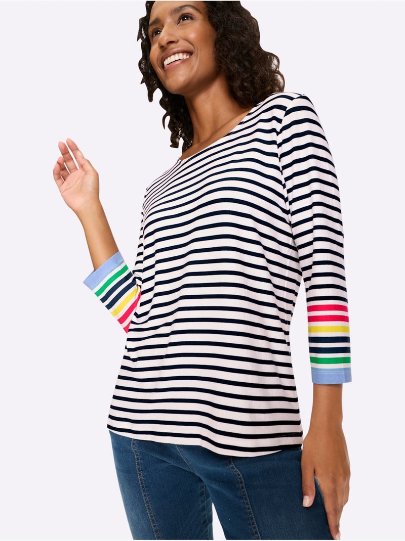 T-shirt à Manches 3/4 Détails Contrastés - Taille Standard - Helline Bleu Ecru - Kiabi