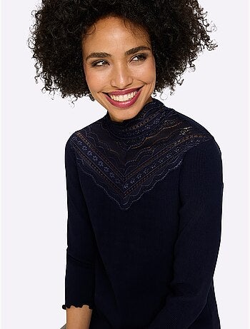 T-shirt à Manches 3/4 Empiècement Dentelle Tendance - Taille Standard - Helline