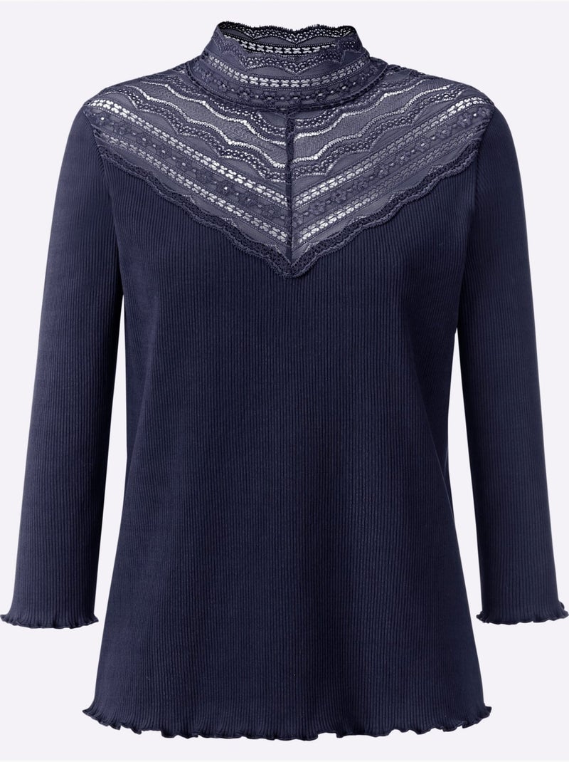 T-shirt à Manches 3/4 Empiècement Dentelle Tendance - Taille Standard - Helline Bleu marine - Kiabi