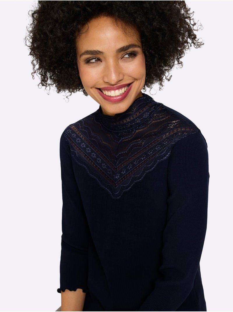 T-shirt à Manches 3/4 Empiècement Dentelle Tendance - Taille Standard - Helline Bleu marine - Kiabi