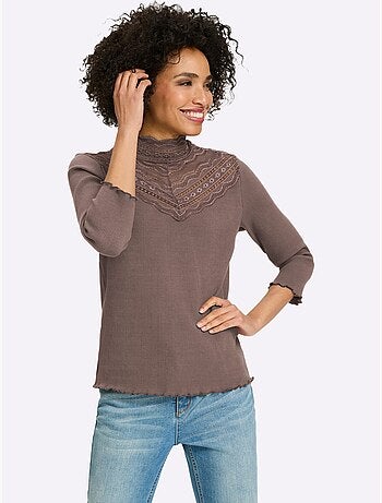 T-shirt à manches 3/4 empiècement dentelle tendance - taille standard - helline