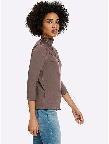 T-shirt à manches 3/4 empiècement dentelle tendance - taille standard - helline