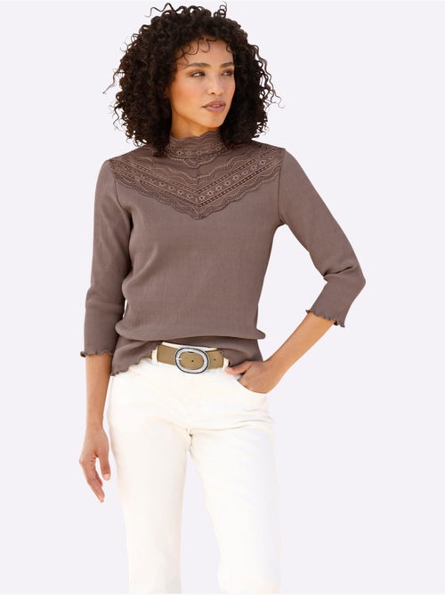 T-shirt à Manches 3/4 Empiècement Dentelle Tendance - Taille Standard - Helline - Kiabi