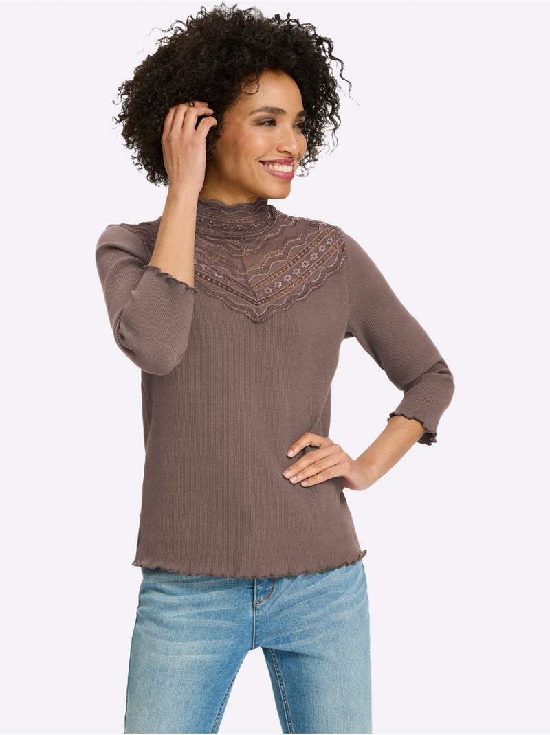 T-shirt à Manches 3/4 Empiècement Dentelle Tendance - Taille Standard - Helline Gris taupe - Kiabi