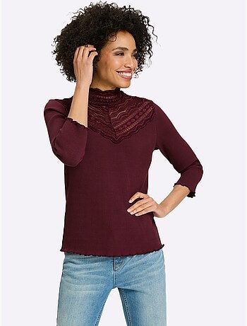 T-shirt à manches 3/4 empiècement dentelle tendance - taille standard - helline