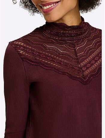 T-shirt à manches 3/4 empiècement dentelle tendance - taille standard - helline