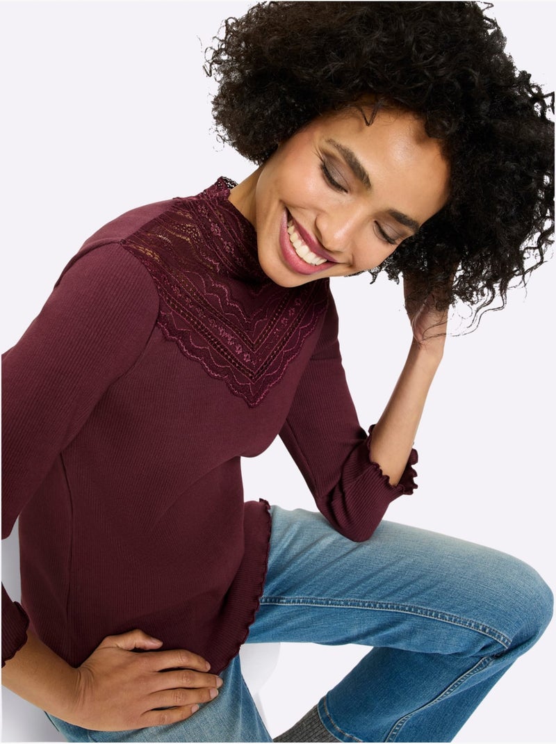 T-shirt à Manches 3/4 Empiècement Dentelle Tendance - Taille Standard - Helline Noir Bordeaux - Kiabi