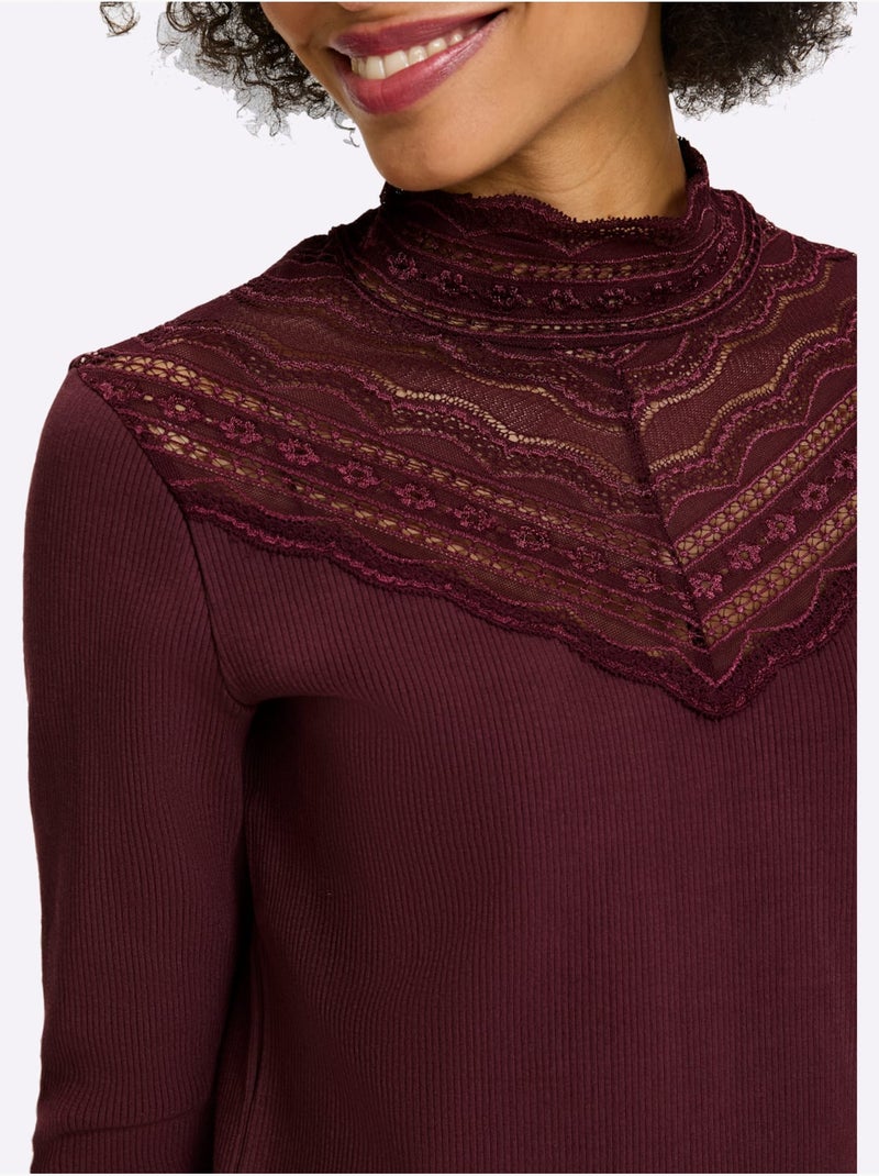 T-shirt à Manches 3/4 Empiècement Dentelle Tendance - Taille Standard - Helline Noir Bordeaux - Kiabi