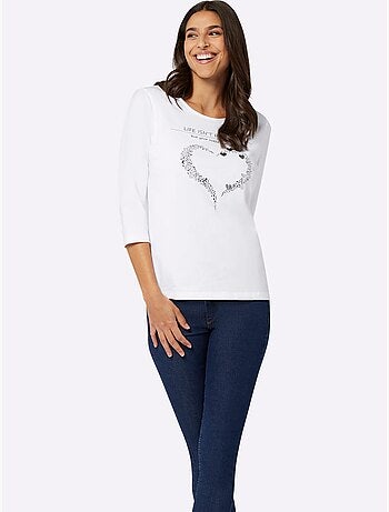 T-shirt à manches 3/4 en coton avec motif cœur brillant - taille standard - moda vilona