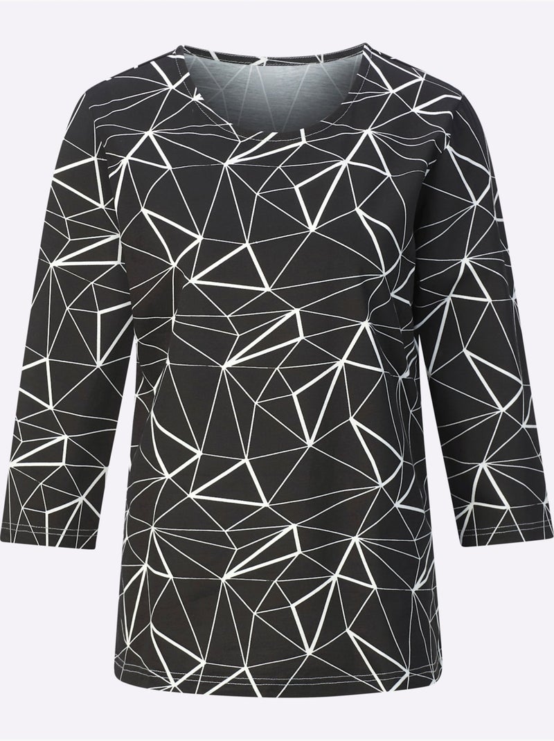T-shirt à manches 3/4 en jersey avec motif graphique - Taille standard - Moda Vilona Noir Beige Noir - Kiabi