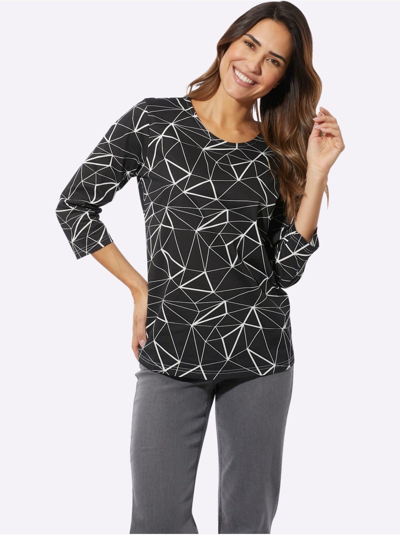 T-shirt à manches 3/4 en jersey avec motif graphique - Taille standard - Moda Vilona Noir Beige Noir - Kiabi