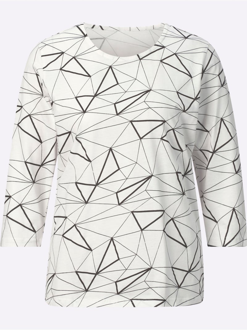 T-shirt à manches 3/4 en jersey fin à motif graphique - Taille standard - Moda Vilona Noir Ecru Noir - Kiabi