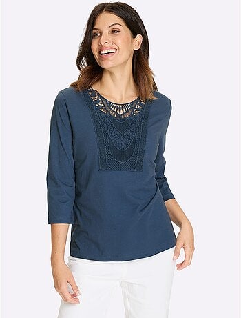 T-shirt à manches 3/4 en pur coton avec dentelle délicate - Taille standard - Moda Vilona