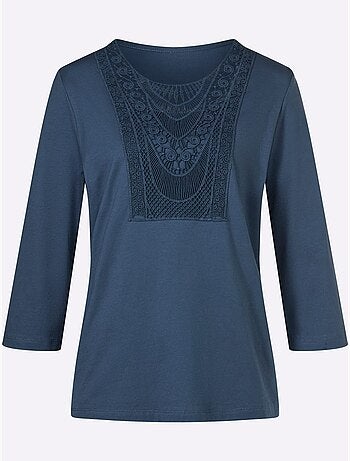 T-shirt à manches 3/4 en pur coton avec dentelle délicate - Taille standard - Moda Vilona