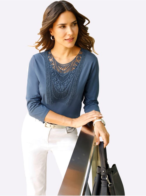 T-shirt à manches 3/4 en pur coton avec dentelle délicate - taille standard - moda vilona - Kiabi T-shirt à manches 3/4 en pur coton avec dentelle délicate - taille standard - moda vilona - Kiabi