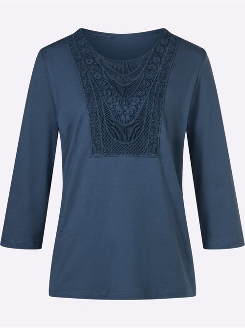 T-shirt à manches 3/4 en pur coton avec dentelle délicate - taille standard - moda vilona - Kiabi T-shirt à manches 3/4 en pur coton avec dentelle délicate - taille standard - moda vilona - Kiabi