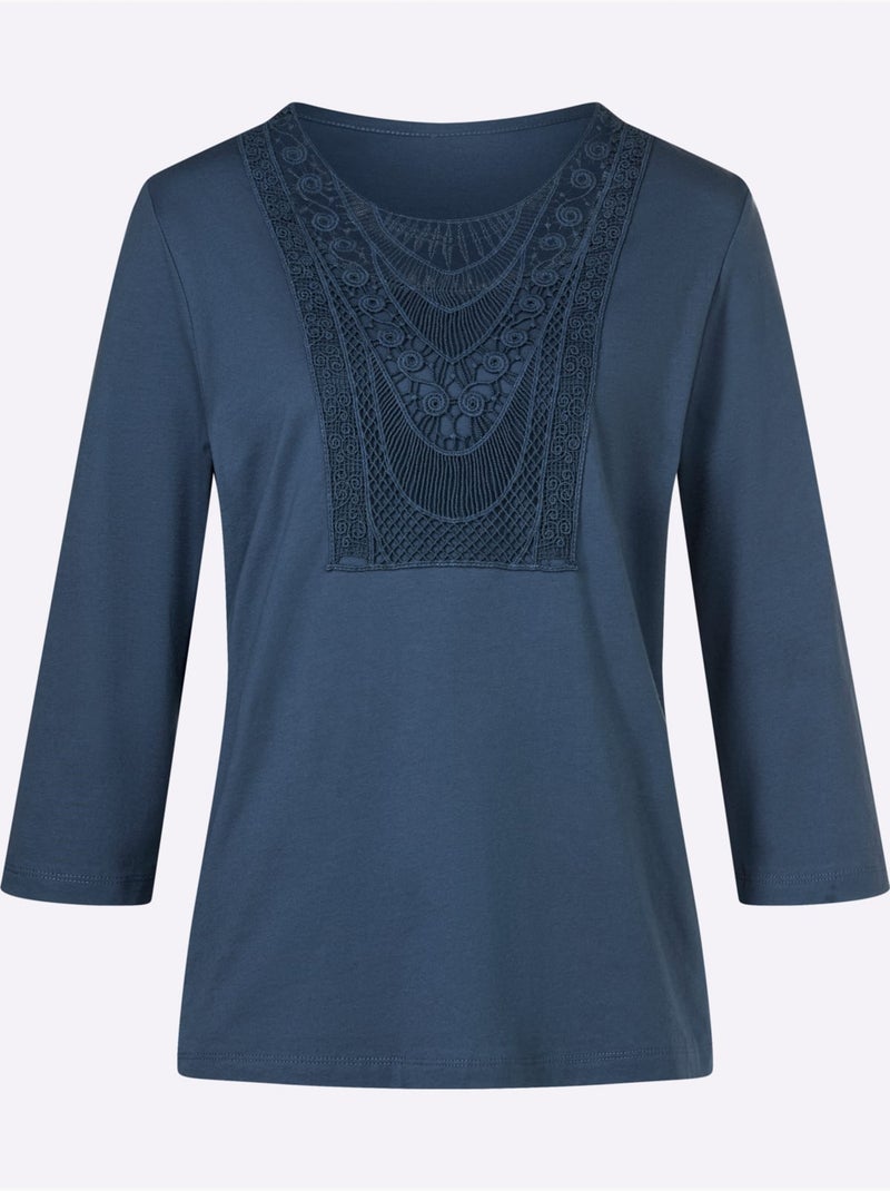 T-shirt à manches 3/4 en pur coton avec dentelle délicate - taille standard - moda vilona Bleu gris - Kiabi