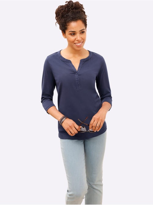 T-shirt à manches 3/4 encolure arrondie avec petit v - taille standard - moda vilona - Kiabi