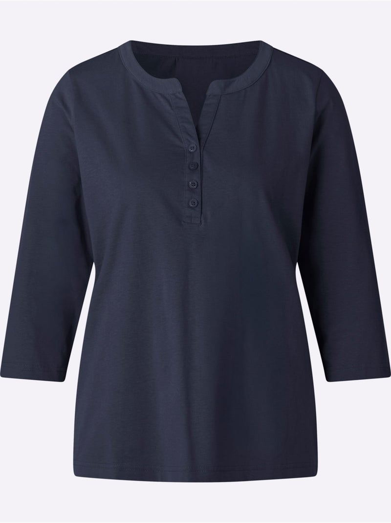 T-shirt à manches 3/4 encolure arrondie avec petit v - taille standard - moda vilona Bleu marine - Kiabi