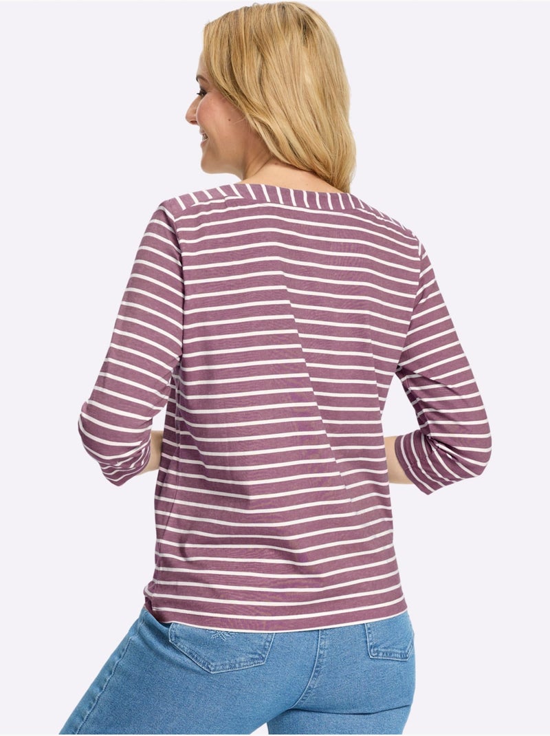 T-shirt à manches 3/4 encolure en u féminine - taille standard - moda vilona Écru/Violet - Kiabi