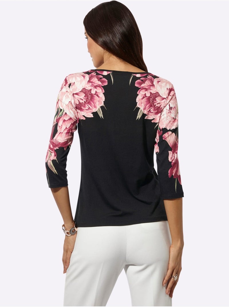 T-shirt à manches 3/4 encolure en v flatteuse - taille standard - helline Noir Rose - Kiabi