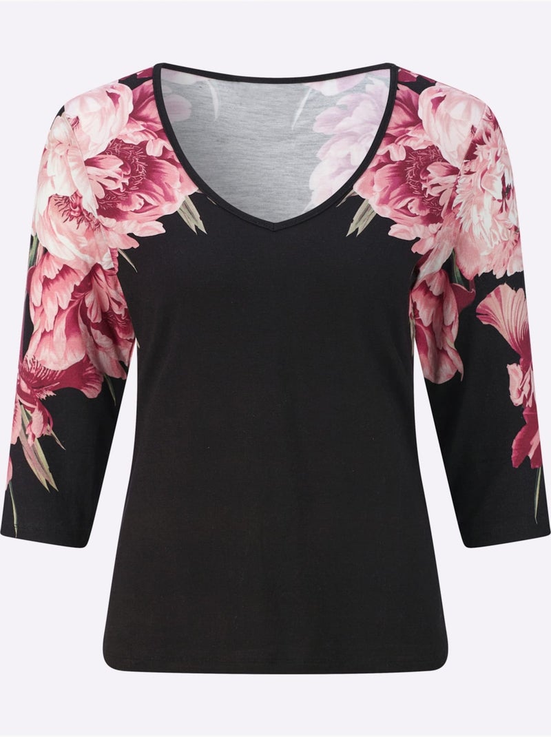 T-shirt à manches 3/4 encolure en v flatteuse - taille standard - helline Noir Rose - Kiabi