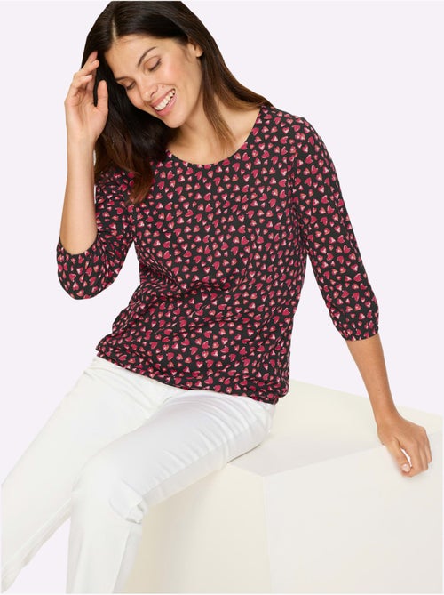 T-shirt à manches 3/4 encolure ronde avec motif cœurs - taille standard - moda vilona - Kiabi