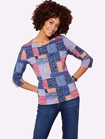 T-shirt à manches 3/4 encolure ronde avec motif patchwork coloré - Taille standard - Moda Vilona