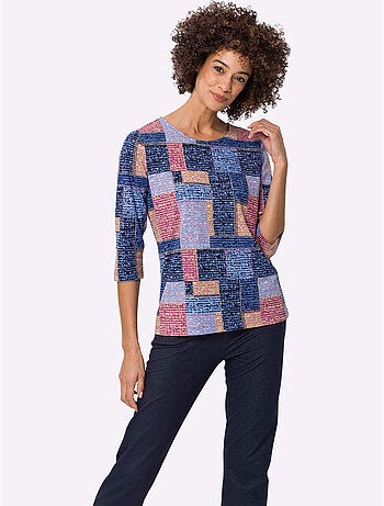 T-shirt à manches 3/4 encolure ronde avec motif patchwork coloré - Taille standard - Moda Vilona