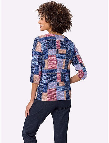 T-shirt à manches 3/4 encolure ronde avec motif patchwork coloré - Taille standard - Moda Vilona
