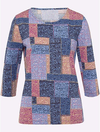 T-shirt à manches 3/4 encolure ronde avec motif patchwork coloré - Taille standard - Moda Vilona