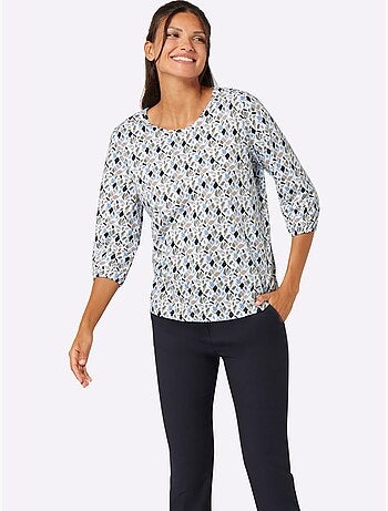T-shirt à Manches 3/4 Encolure Ronde Passepoilée - Taille Standard - Moda Vilona
