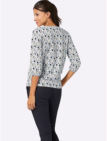 T-shirt à Manches 3/4 Encolure Ronde Passepoilée - Taille Standard - Moda Vilona