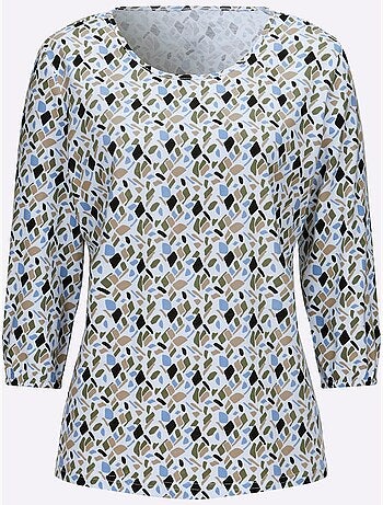 T-shirt à Manches 3/4 Encolure Ronde Passepoilée - Taille Standard - Moda Vilona