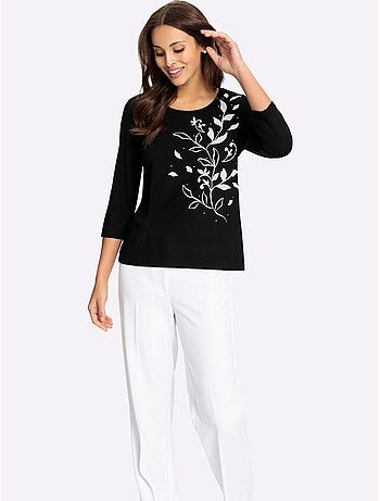 T-shirt à manches 3/4 fluide avec imprimé floral et pierres brillantes - Taille standard - Witt