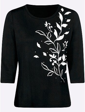 T-shirt à manches 3/4 fluide avec imprimé floral et pierres brillantes - Taille standard - Witt