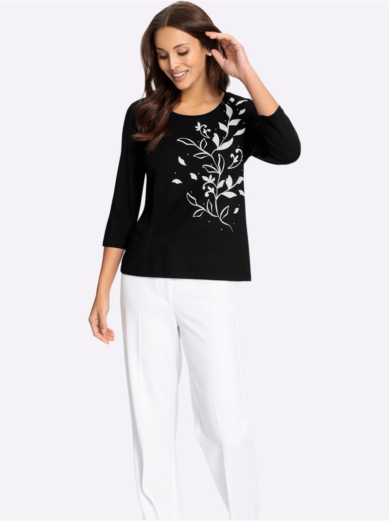 T-shirt à manches 3/4 fluide avec imprimé floral et pierres brillantes - taille standard - witt Noir Beige Noir - Kiabi