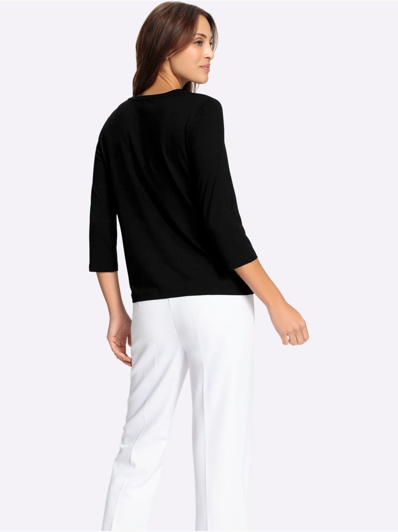 T-shirt à manches 3/4 fluide avec imprimé floral et pierres brillantes - taille standard - witt Noir Beige Noir - Kiabi