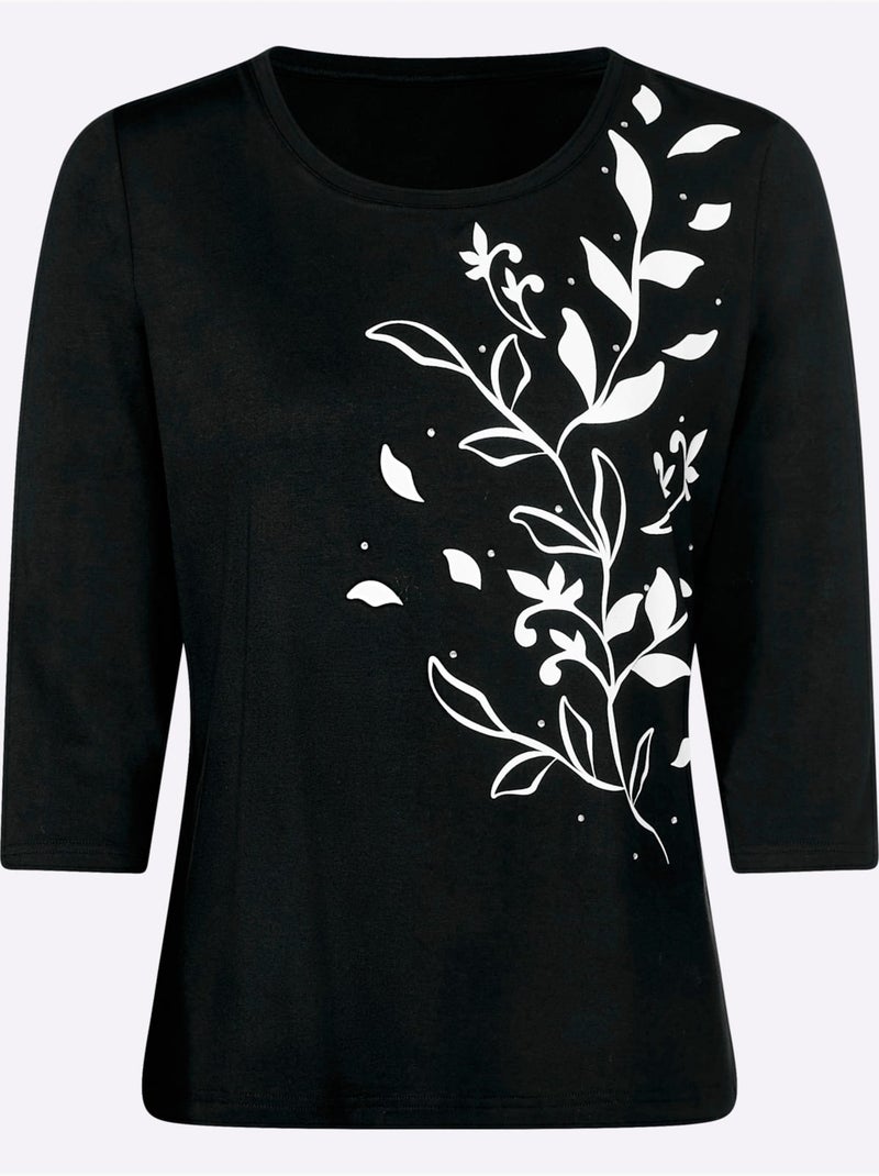 T-shirt à manches 3/4 fluide avec imprimé floral et pierres brillantes - taille standard - witt Noir Beige Noir - Kiabi