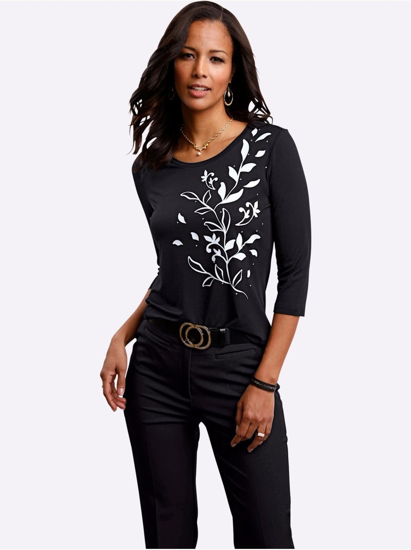T-shirt à manches 3/4 fluide avec imprimé floral et pierres brillantes - taille standard - witt Noir Beige Noir - Kiabi