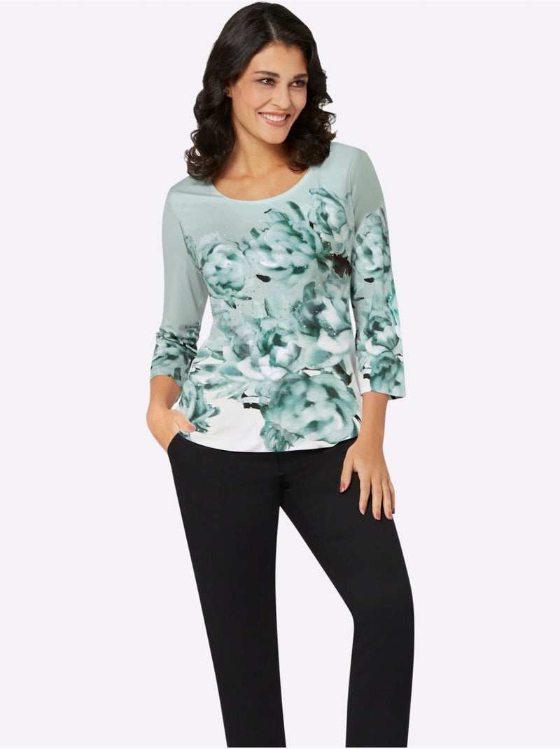 T-shirt à Manches 3/4 Imprimé - Taille Standard - Helline Blanc Vert - Kiabi