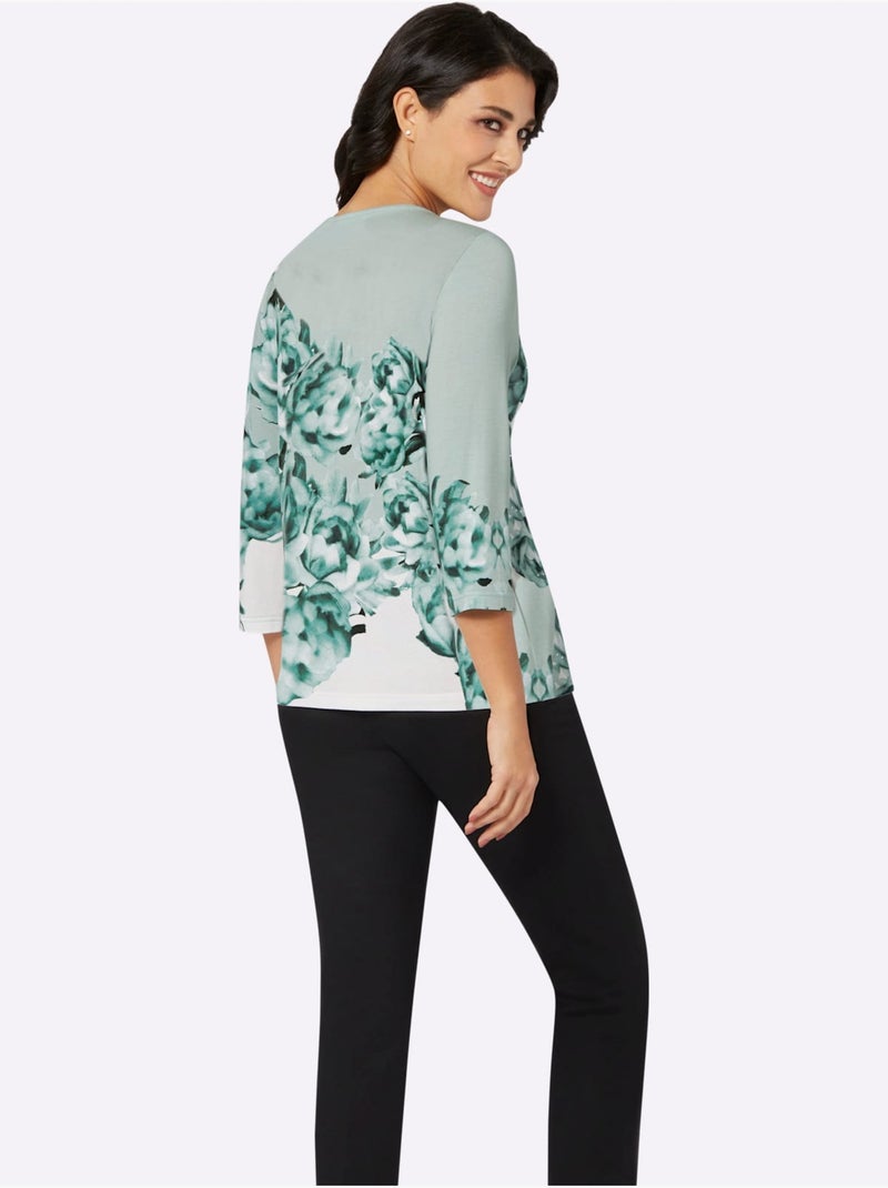 T-shirt à Manches 3/4 Imprimé - Taille Standard - Helline Blanc Vert - Kiabi