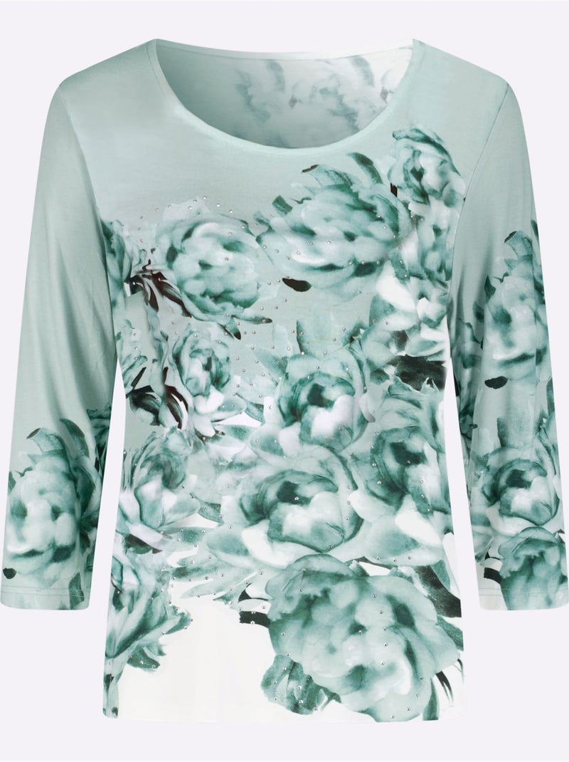 T-shirt à Manches 3/4 Imprimé - Taille Standard - Helline Blanc Vert - Kiabi
