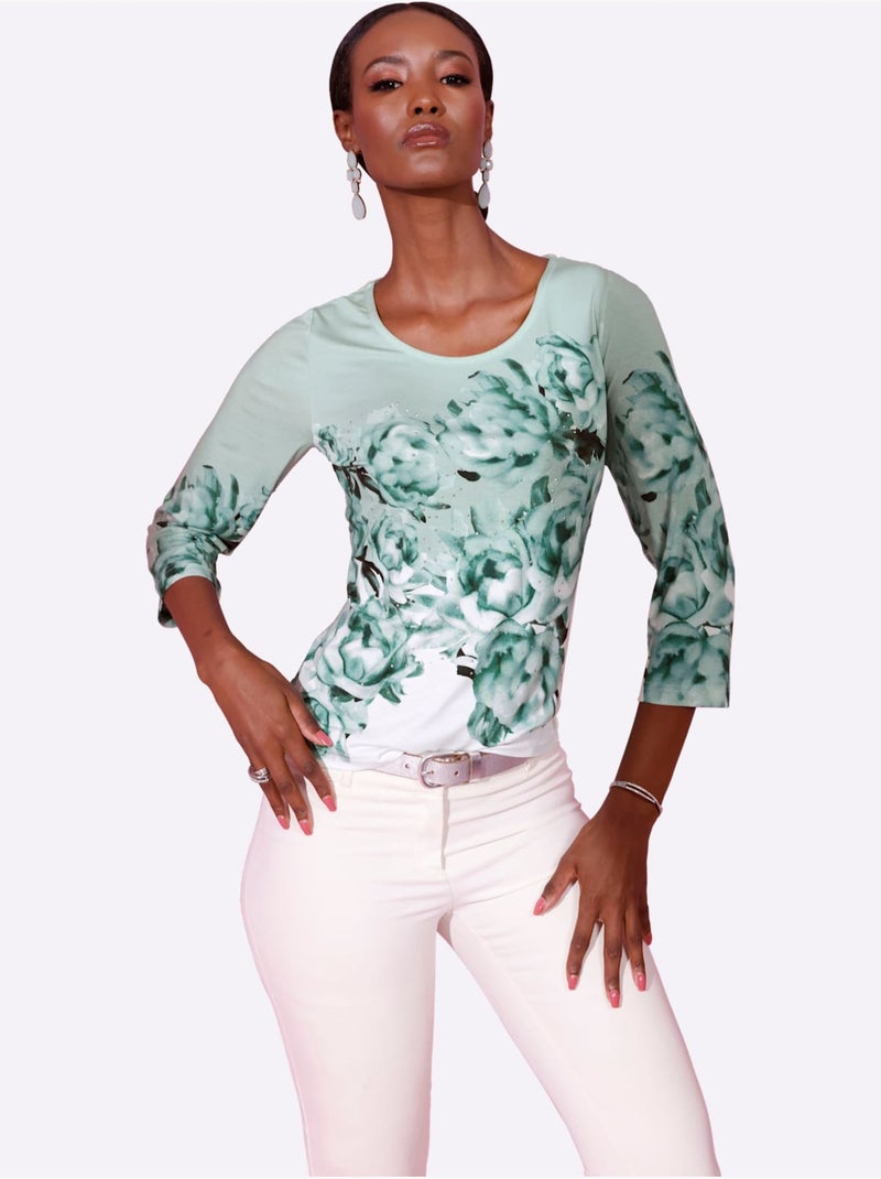 T-shirt à Manches 3/4 Imprimé - Taille Standard - Helline Blanc Vert - Kiabi