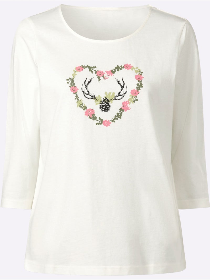 T-shirt à manches 3/4 imprimé - taille standard - moda vilona Écru/Rose - Kiabi