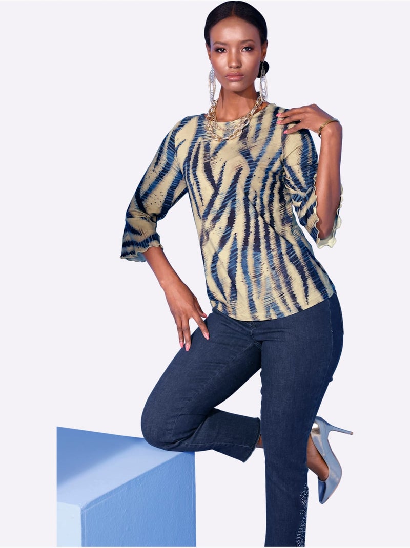 T-shirt à Manches 3/4 Imprimé Assorti - Taille Standard - Helline Beige - Kiabi