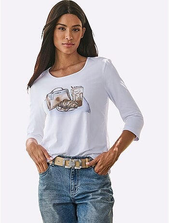 T-shirt à Manches 3/4 Imprimé Avec Pierres Brillantes Fantaisie - Taille Standard - Helline